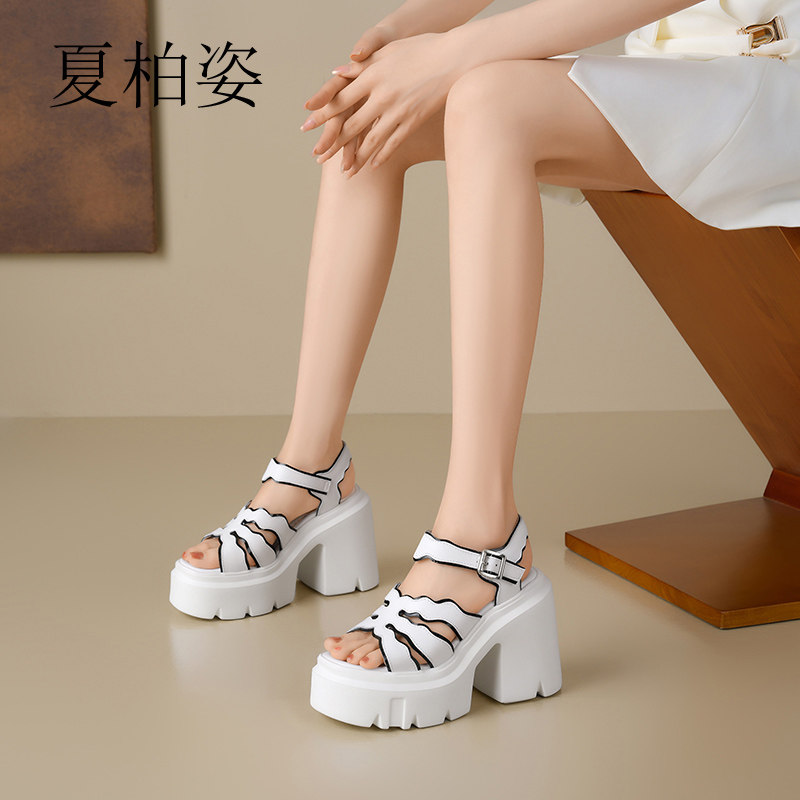 夏柏姿12cm露趾坡跟凉鞋女