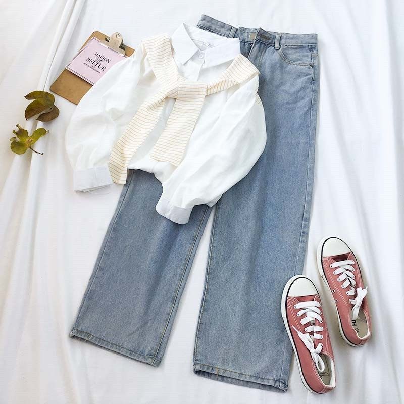 Early Autumn Hong Kong flavor leisure time suit stripe Shawl False two shirt Light blue cowboy Straight pants student Two piece setin the Women's clothing/Boutique , Set/Student uniforms/Work uniforms , Leisure sports suit  category - from Buy2taobao.com to provide professional Taobao agent buy service