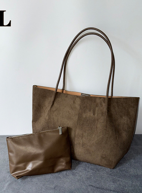 【DL 078】美式复古麂皮大容量托特包单肩腋下手提通勤百搭学院风