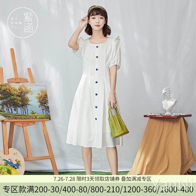 紫涵夏装新款纯棉短袖连衣裙女甜美过膝长裙方领裙子收腰显瘦森系