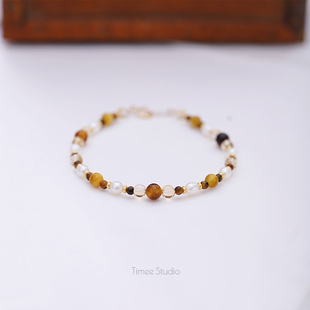 Timee恬觅 梧桐 天然金黄虎眼石黄水晶淡水珍珠14K美包手链手串