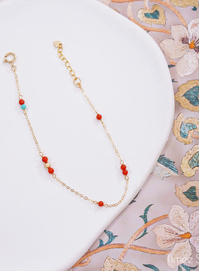 Timee恬觅 红豆 天然南红绿松14K美国包金手链延长链百搭链条礼物