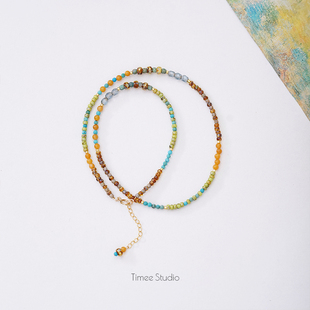 Timee恬觅 天然绿松老黄玉捷克琉璃项链锁骨链毛衣链 春和景明