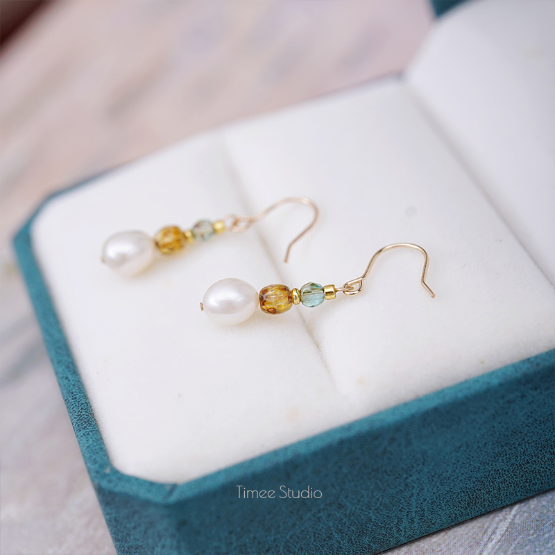 Timee恬觅 es4 天然淡水珍珠进口捷克琉璃简约百搭耳钉耳环耳钩