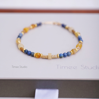 Timee恬觅 秋慕 天然蓝石黄玉金虎眼图画石14K美包手链