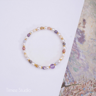 Timee恬觅 风信紫 天然淡水珍珠紫水晶切面琉璃弹力绳手串手链