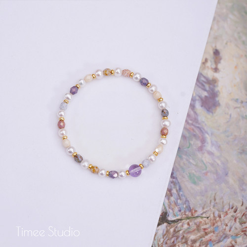 Timee恬觅 风信紫 天然淡水珍珠紫水晶切面琉璃弹力绳手串手链