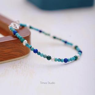 Timee恬觅 松月 天然绿松青金石孔雀石淡水珍珠S925银手链女礼物