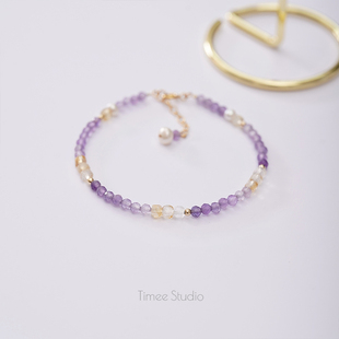 Timee恬觅 栀紫 天然渐变紫水晶黄水晶淡水珍珠延长链手链手串