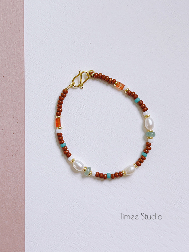 timee恬觅 海棠微雨 琉璃米珠天然珍珠翡翠红玛瑙s925手链礼物