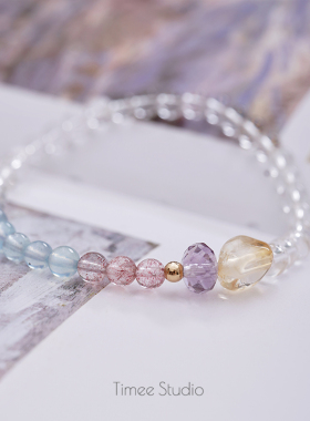 Timee恬觅 知夏 天然白水晶海蓝宝草莓晶紫水晶黄水晶弹力绳手串