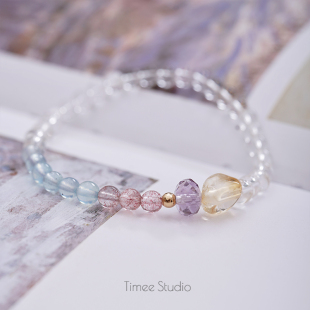 Timee恬觅 天然白水晶海蓝宝草莓晶紫水晶黄水晶弹力绳手串 知夏