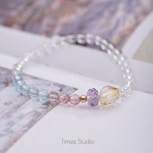 Timee恬觅 知夏 天然白水晶海蓝宝草莓晶紫水晶黄水晶弹力绳手串