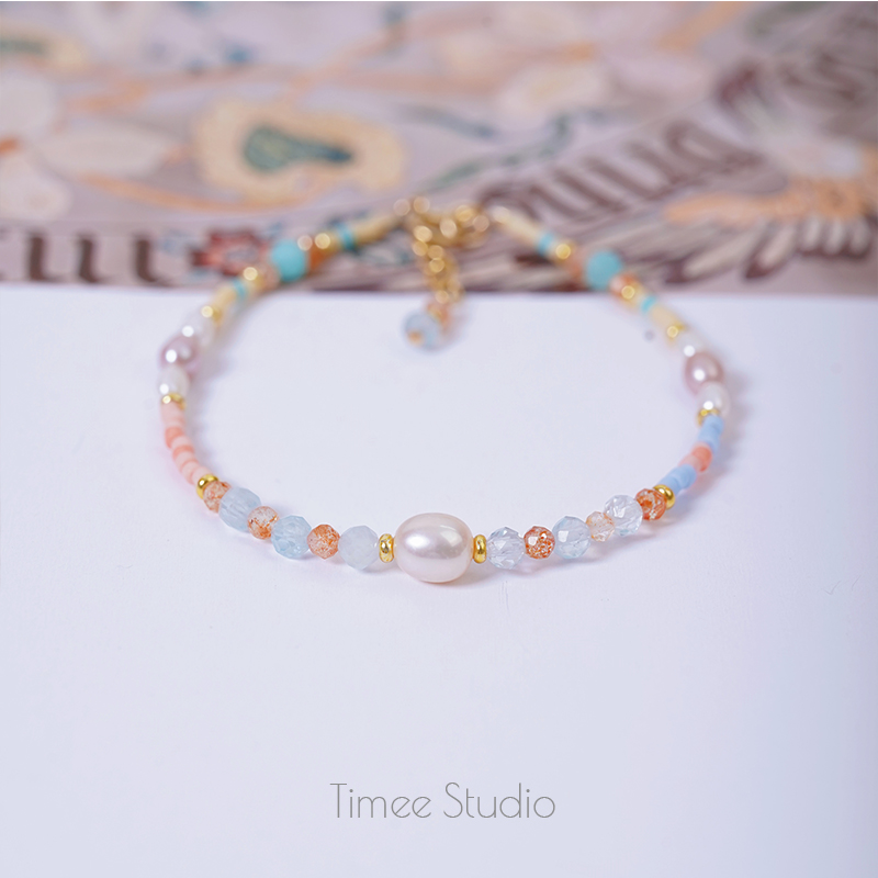 Timee恬觅 Stefanie 天然天河石淡水珍珠海蓝宝琉璃14k美包手链