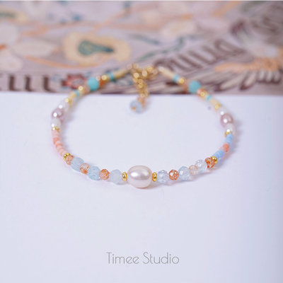 Timee恬觅 Stefanie 天然天河石淡水珍珠海蓝宝琉璃14k美包手链