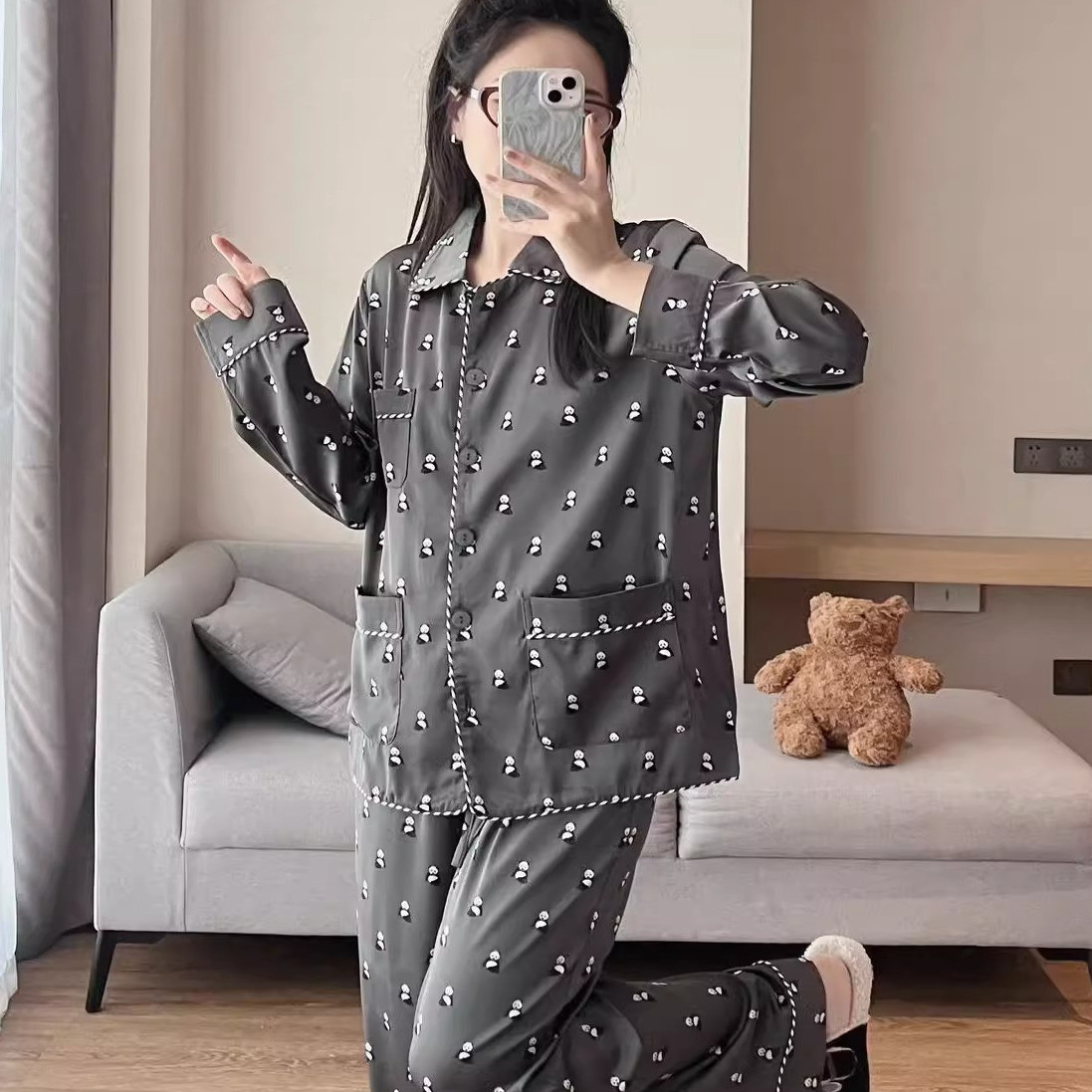 熊猫印花长袖休闲长裤薄款不褪色丝质情侣睡衣家居服大码冰丝男女