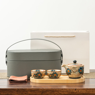 便携式 焦糖釉汝窑釉下彩陶瓷快客杯一壶二杯带收纳盒 旅行茶具套装