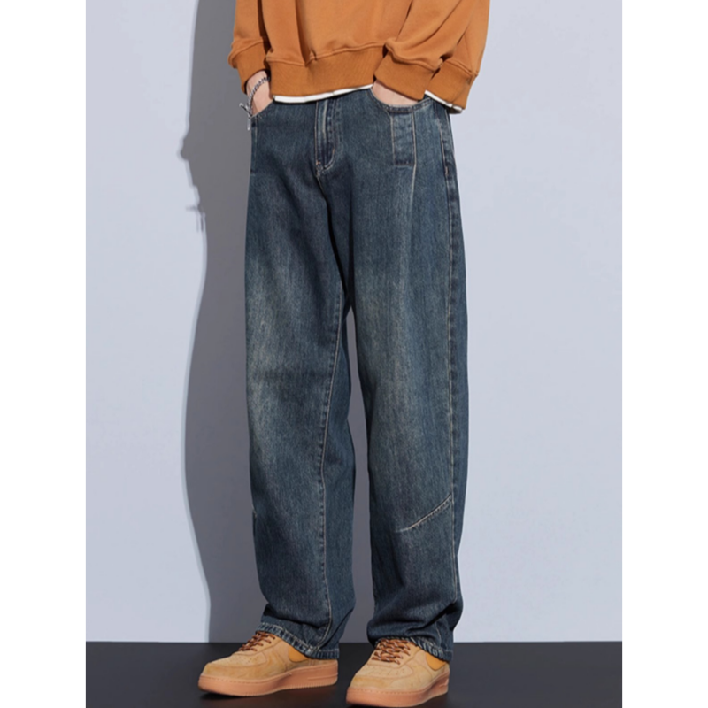 2024秋冬美式复古高街松紧腰水洗牛仔裤男拼接宽松直筒阔腿长裤子