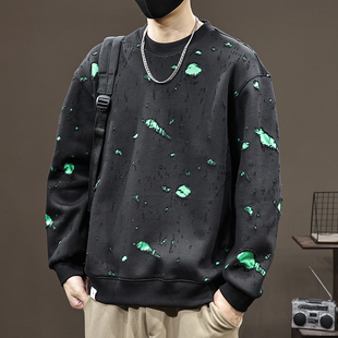 破洞双层假两件卫衣男款秋季2024新款潮流百搭宽松长袖大码上衣男