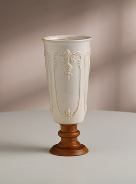 仿真花假花客厅餐桌插花花艺摆件复古实木高脚陶瓷花瓶可蓄水