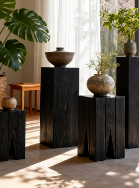 侘寂风黑色实木墩子树桩防腐木置物花架室内过道摆件装饰底座花几