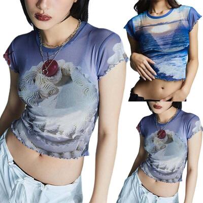 Short mesh print with transparent lace top女网纱透视花边上衣
