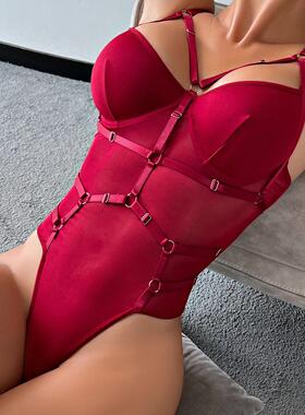 Fun lingerie suspender with solid color slimming jumpsuit