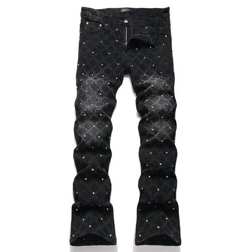 Men Straight Flared Jeans 男士黑色格子钉珠直筒修身喇叭牛仔裤