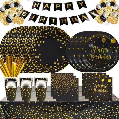 Black Gold Birthday Disposable Tableware Set Paper Plates Cu
