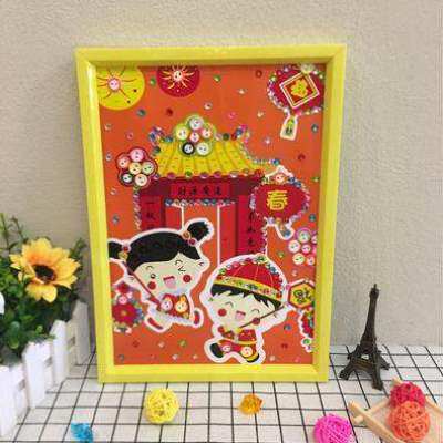 新年手工材料包diy制作小班框架纽扣子画中班春节习俗粘贴画套装