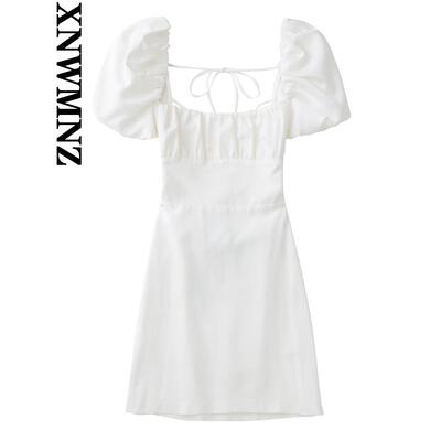 XNWMNZ women white fashion linen blend dress female square n