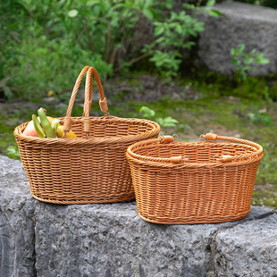 彷藤编织购物篮手提篮创意ins风户外野餐篮买菜采摘水果篮椭圆形