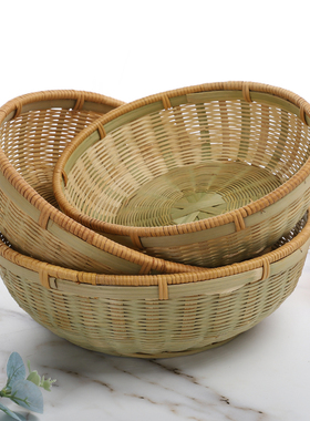竹编果盘装馒头竹筐点心盘竹制品收纳筐圆形农家沥水篮藤编竹篮子