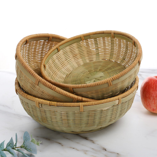 竹编果盘装馒头竹筐点心盘竹制品收纳筐圆形农家沥水篮藤编竹篮子