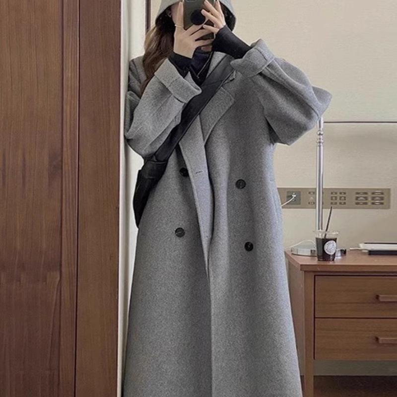 灰色呢子大衣女秋冬季新款韩版赫本风气质毛呢外套中长款加厚
