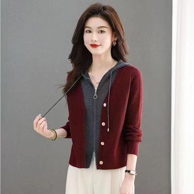 短款连帽毛衣外套女秋冬季2025新款爆款洋气针织开衫假两件上衣潮