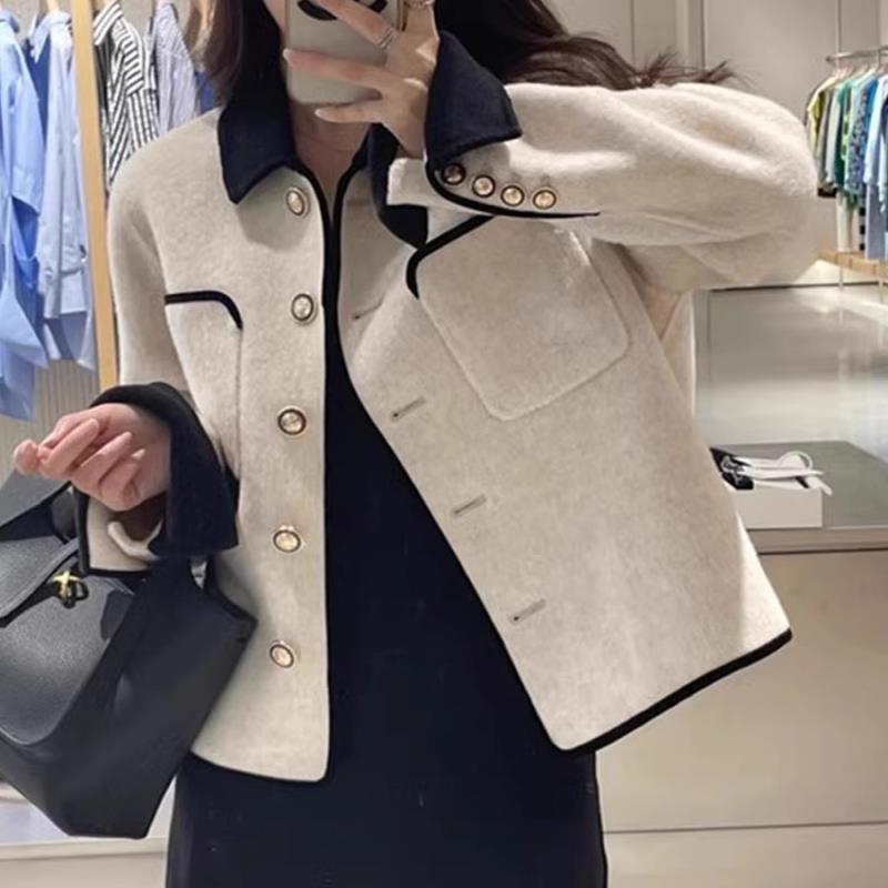 秋冬款小香风双面仿羊绒大衣女短款小金扣法式小个子毛呢外套