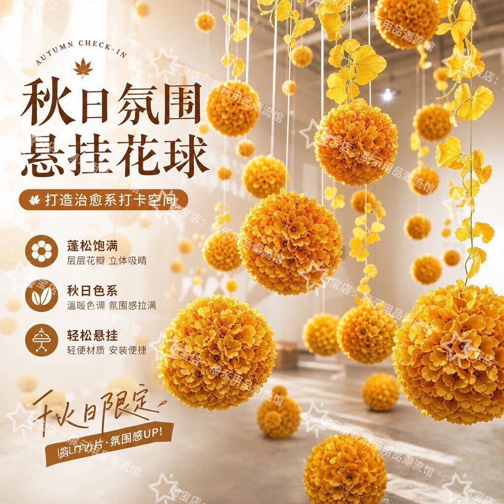 秋季银杏叶球吊顶装饰图片
