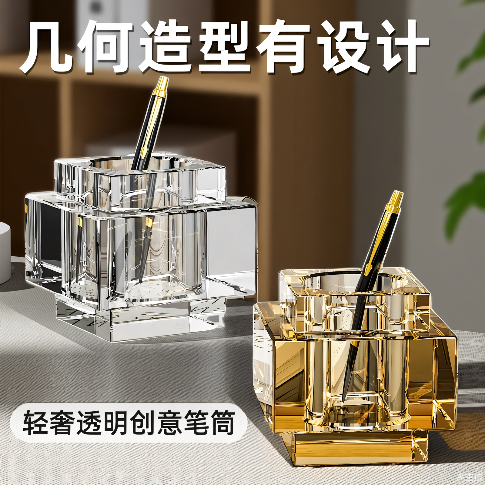 水晶笔筒轻奢透明办公桌面收纳盒创意几何造型琥珀色纪念品定制大容量