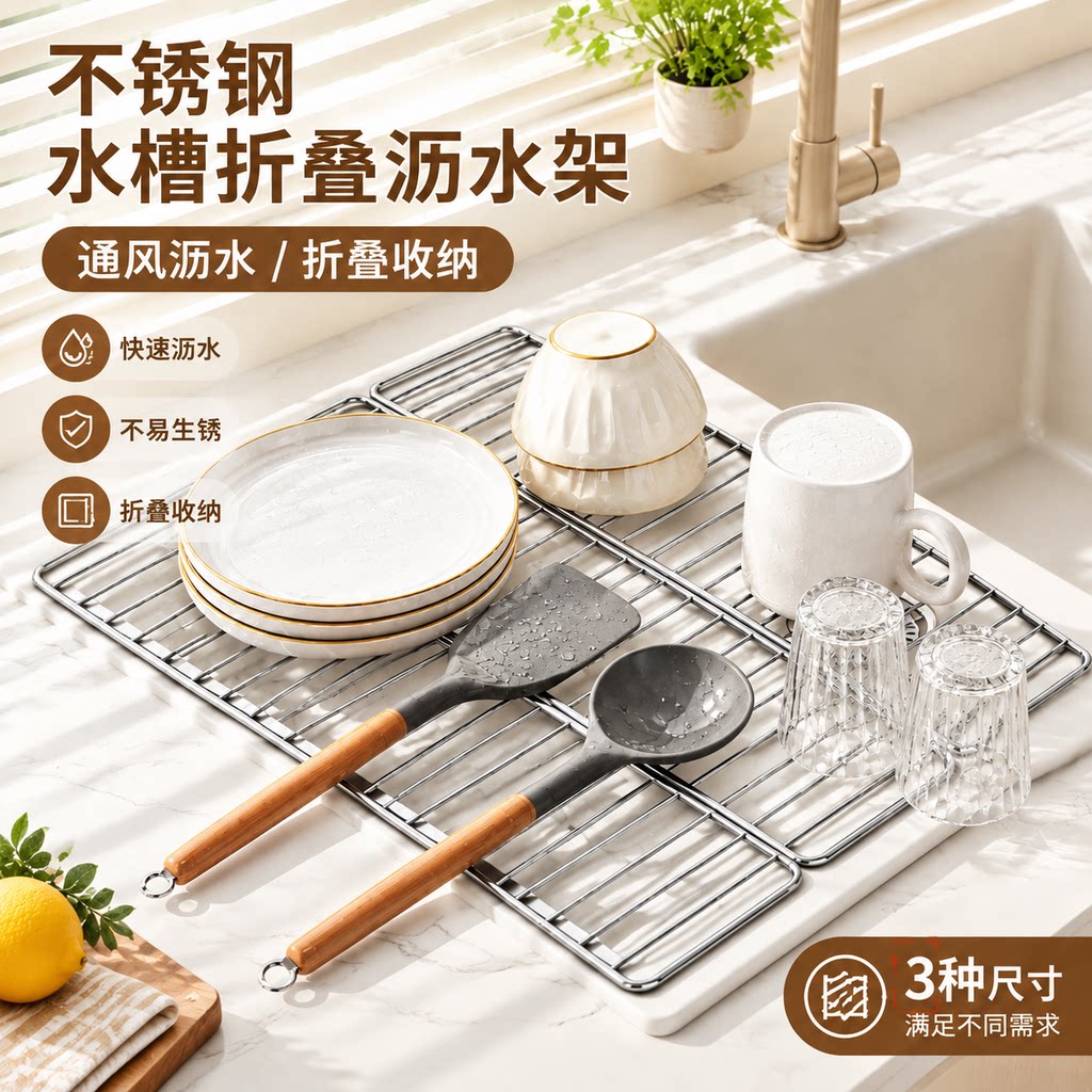 加厚不锈钢水槽三折叠沥水架厨房通风沥水板快速收纳防锈置物架