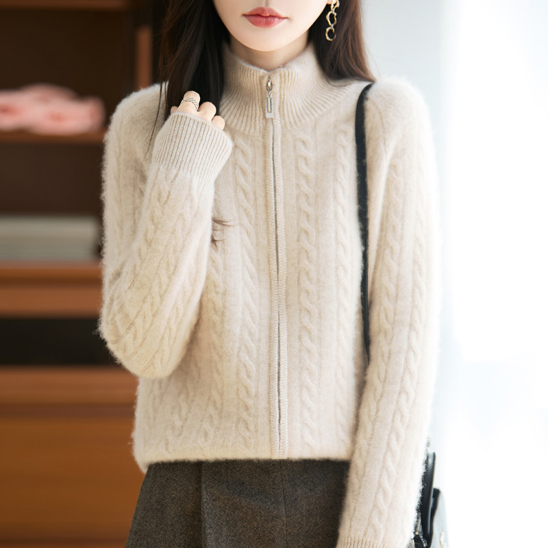 【秋冬新款】纯羊毛立领拉链针织开衫女麻花纹加厚百搭毛衣