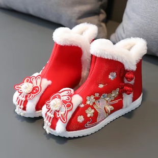 汉服绣花鞋女童冬季新款加绒加厚高通靴子红色重工刺绣防滑耐磨粉
