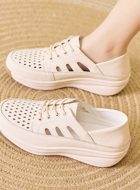 真皮镂空洞洞鞋女2026新款透气百搭女鞋软底大码44码时尚休闲鞋女