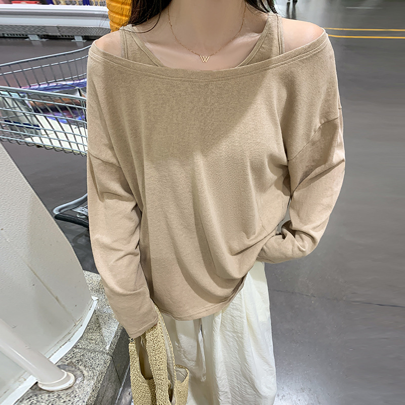 慵懒风针织打底衫女夏季薄款宽松显瘦长袖t恤外穿背心罩衫两件套