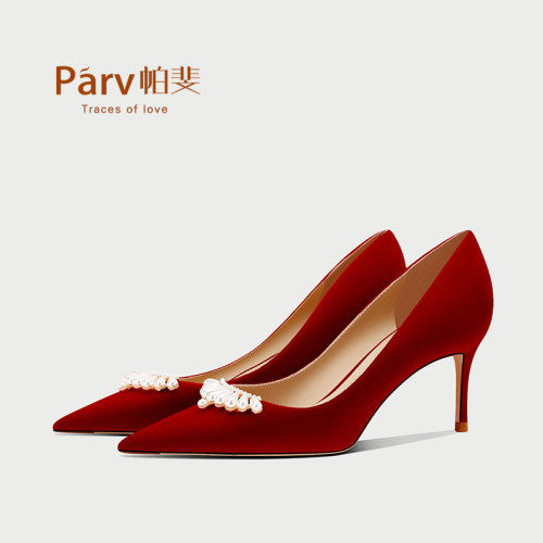 Parv帕斐秀儿服红色婚鞋禾秀婚纱两穿新娘鞋冬天冬季女高跟鞋单鞋