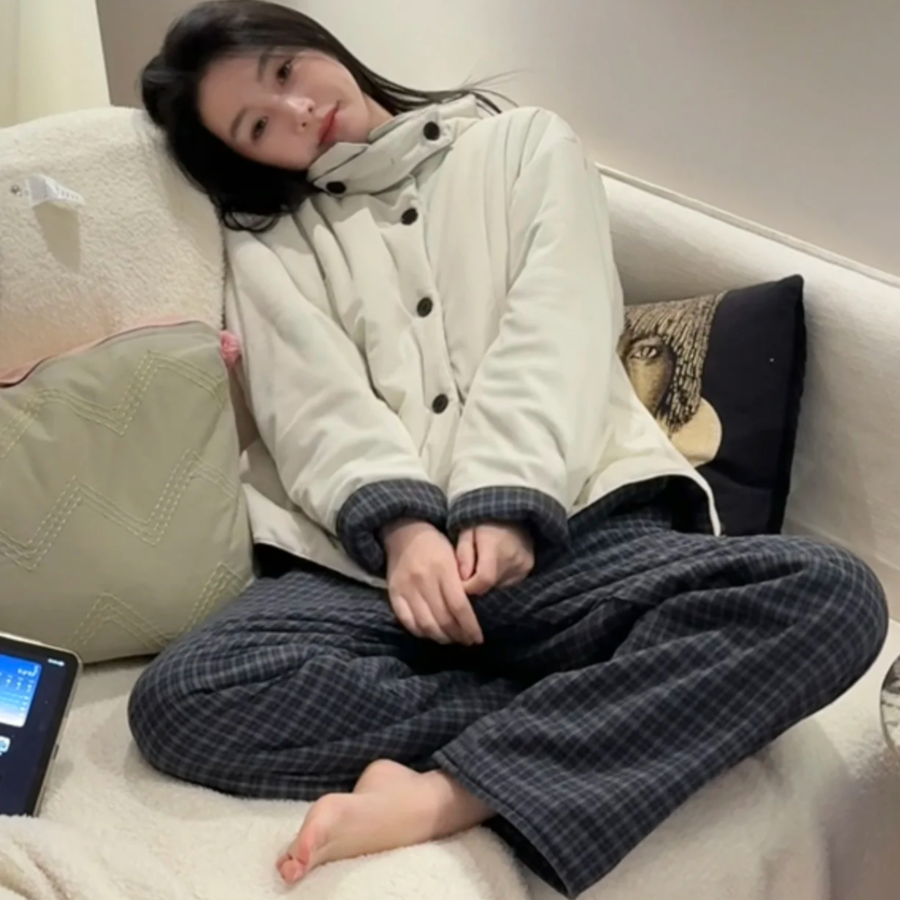 棉服三层夹棉珊瑚绒睡衣女冬季