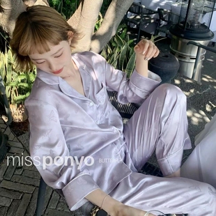 冰丝缎面套装 紫色蝴蝶真丝睡衣秋季 高级感长袖 2025新款 家居服 女款