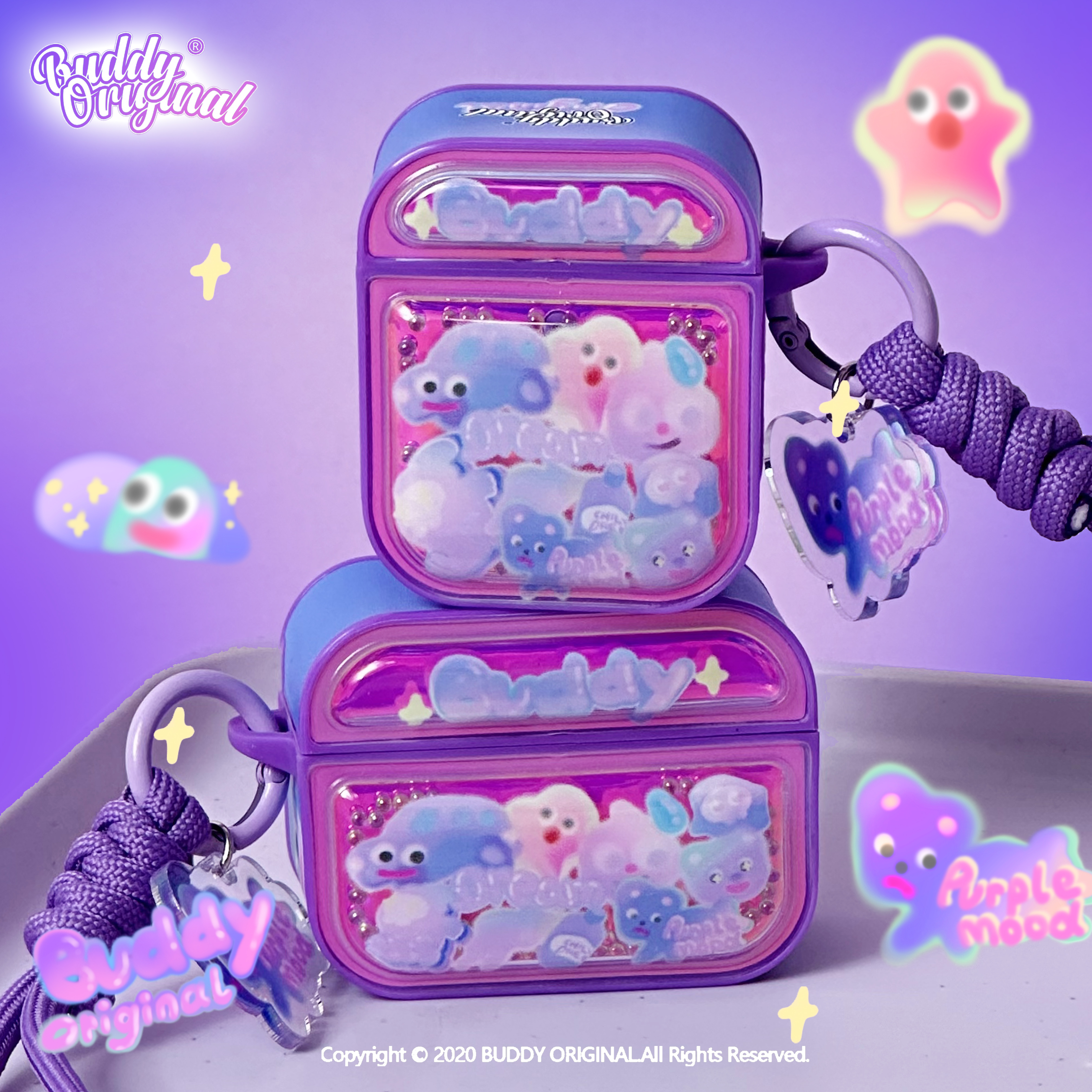 原创苹果荧光紫色耳机保护套ins