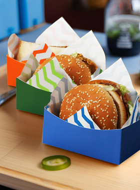 汉堡船型纸盒橙色蓝油炸食品家用三明治干贝厚蛋吐司手拿外带纸盒