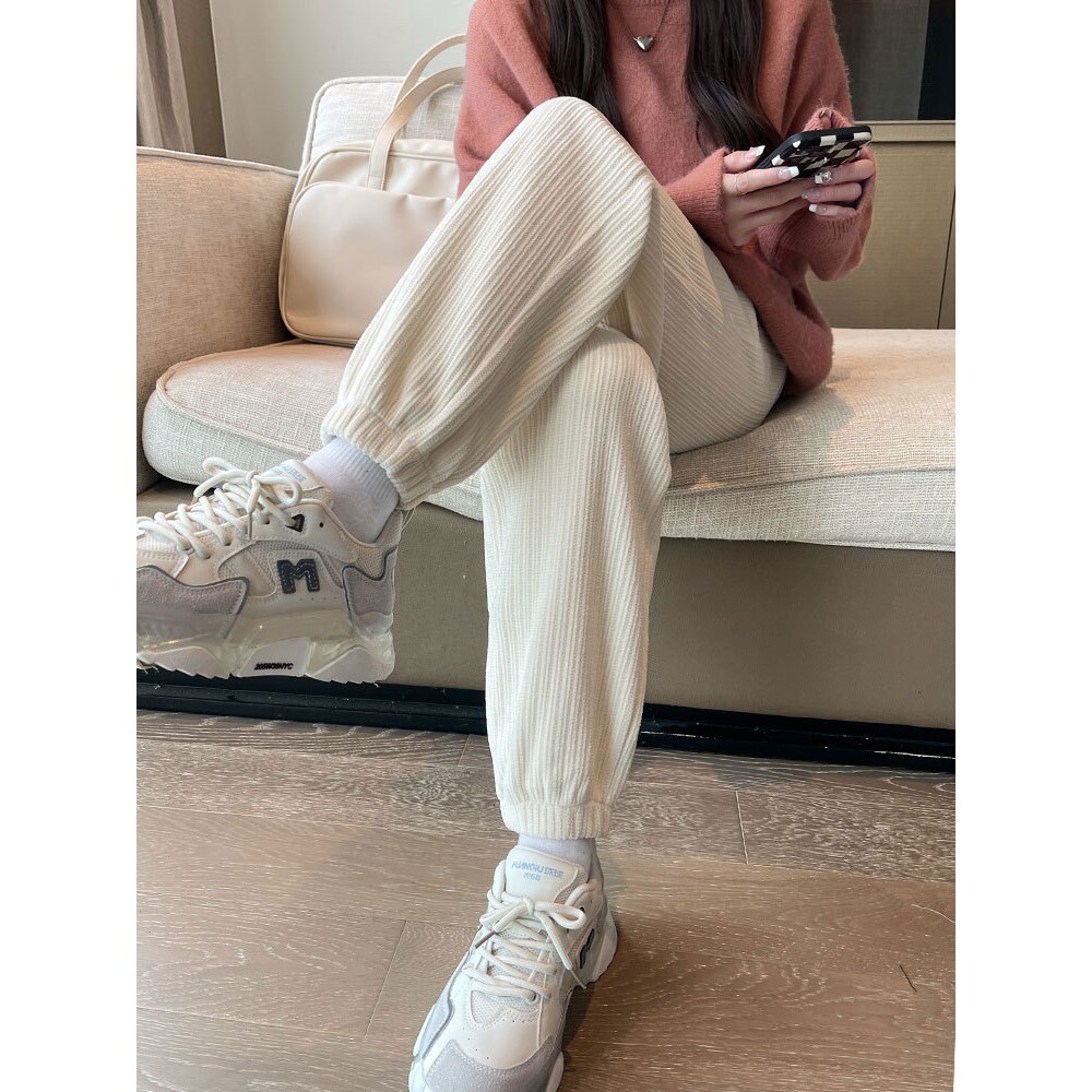 雪尼尔运动裤女春秋冬季2025新款束脚白色卫裤休闲加绒灯芯绒裤子